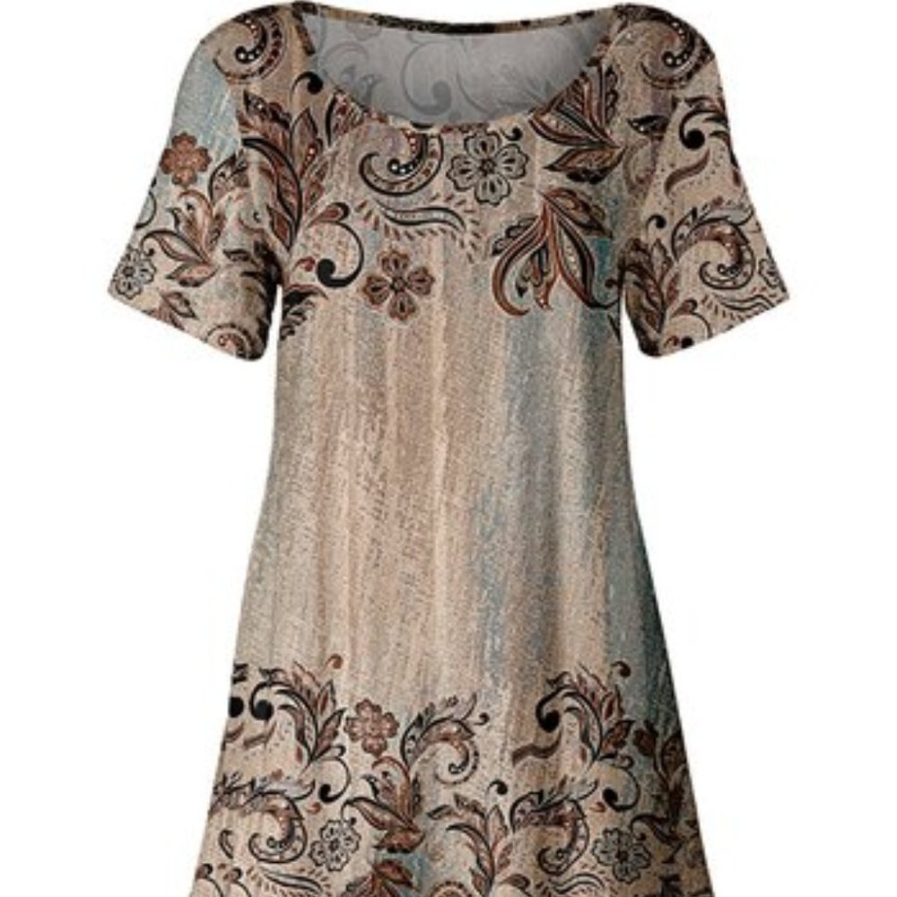 NWT Lily Mocha & Brown Botanical Short-Sleeve Scoop Neck Tunic SZ 1X/18W